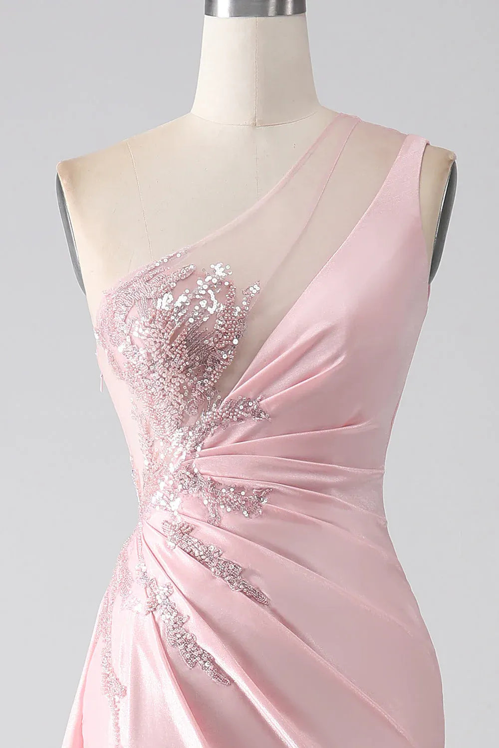 Mermaid One-Shoulder Ruched Sequins Beaded Pink Maxi Prom Dress With Streamer