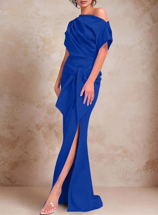 Mermaid One-Shoulder Short Sleeves Floor-Length Mother of the Bride Dresses with Ruffles Split Side