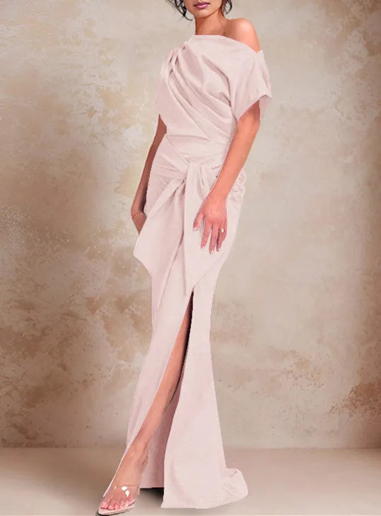 Mermaid One-Shoulder Short Sleeves Floor-Length Mother of the Bride Dresses with Ruffles Split Side