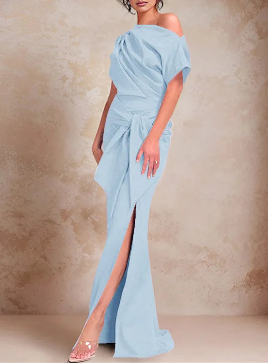 Mermaid One-Shoulder Short Sleeves Floor-Length Mother of the Bride Dresses with Ruffles Split Side