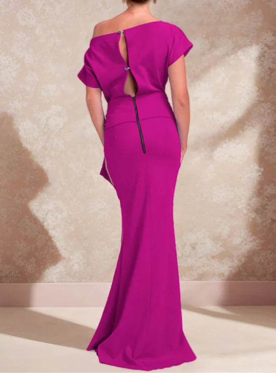 Mermaid One-Shoulder Short Sleeves Floor-Length Mother of the Bride Dresses with Ruffles Split Side