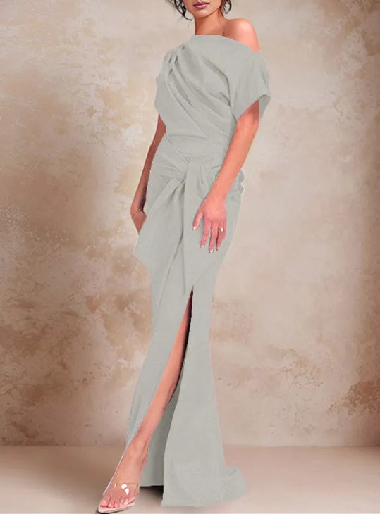 Mermaid One-Shoulder Short Sleeves Floor-Length Mother of the Bride Dresses with Ruffles Split Side