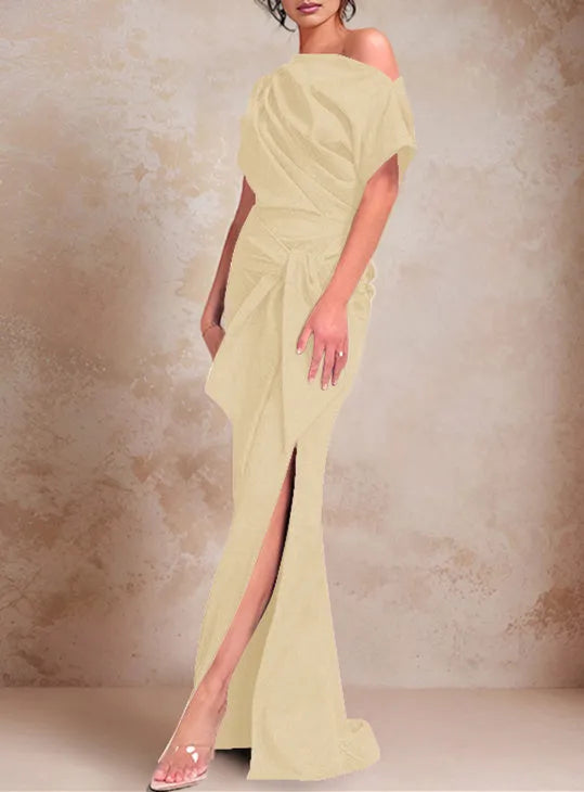 Mermaid One-Shoulder Short Sleeves Floor-Length Mother of the Bride Dresses with Ruffles Split Side