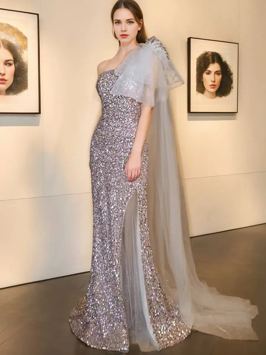 Mermaid One-Shoulder Sleeveless Sequined Evening Dresses with Feather
