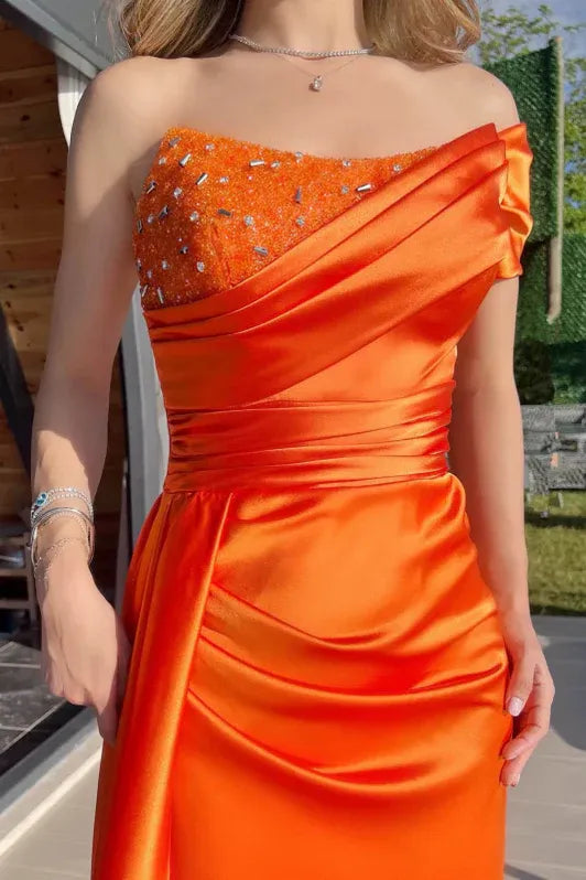 Mermaid One Shoulder Beaded Pleated Orange Train Prom Dress With Streamer