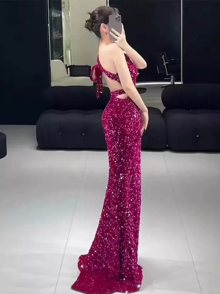 Mermaid One Shoulder Sequin Party Dress Long Prom Dress