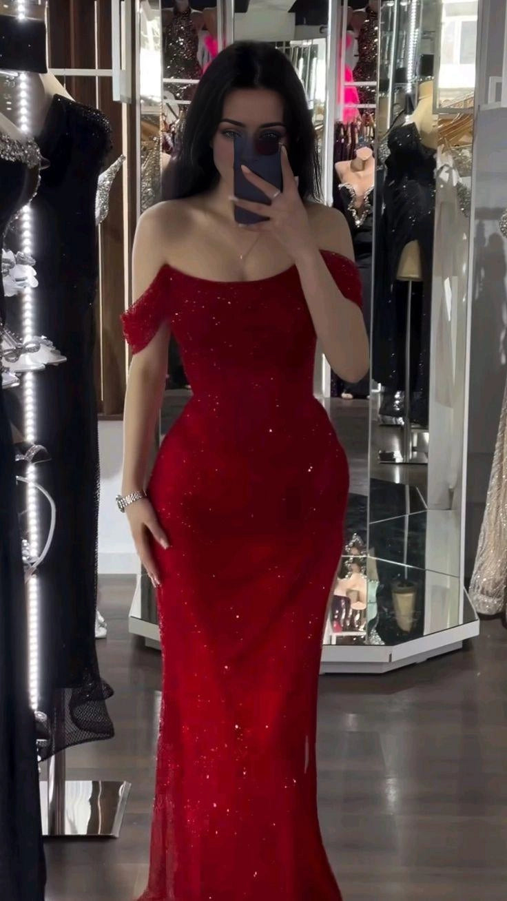 Mermaid Red Off The Shoulder Long Prom Formal Dress