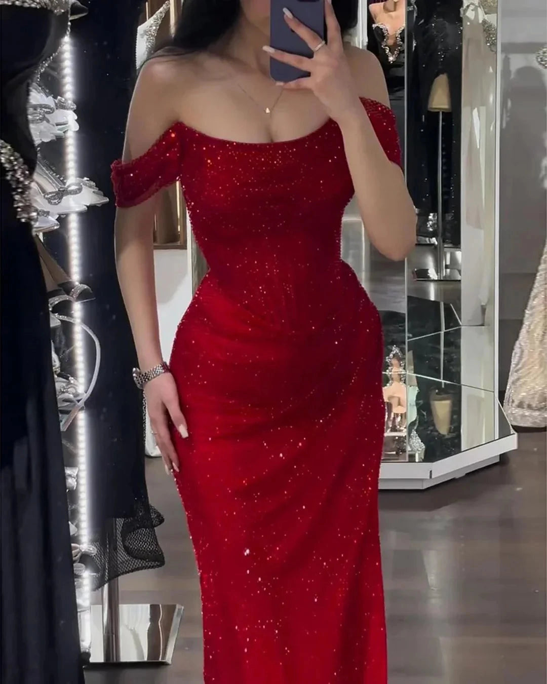 Mermaid Red Off The Shoulder Long Prom Formal Dress
