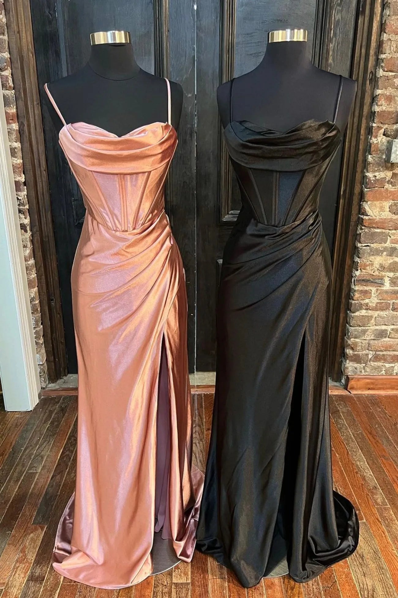 Mermaid Satin Long Prom Dress with Slit Spaghetti Straps Evening Dress