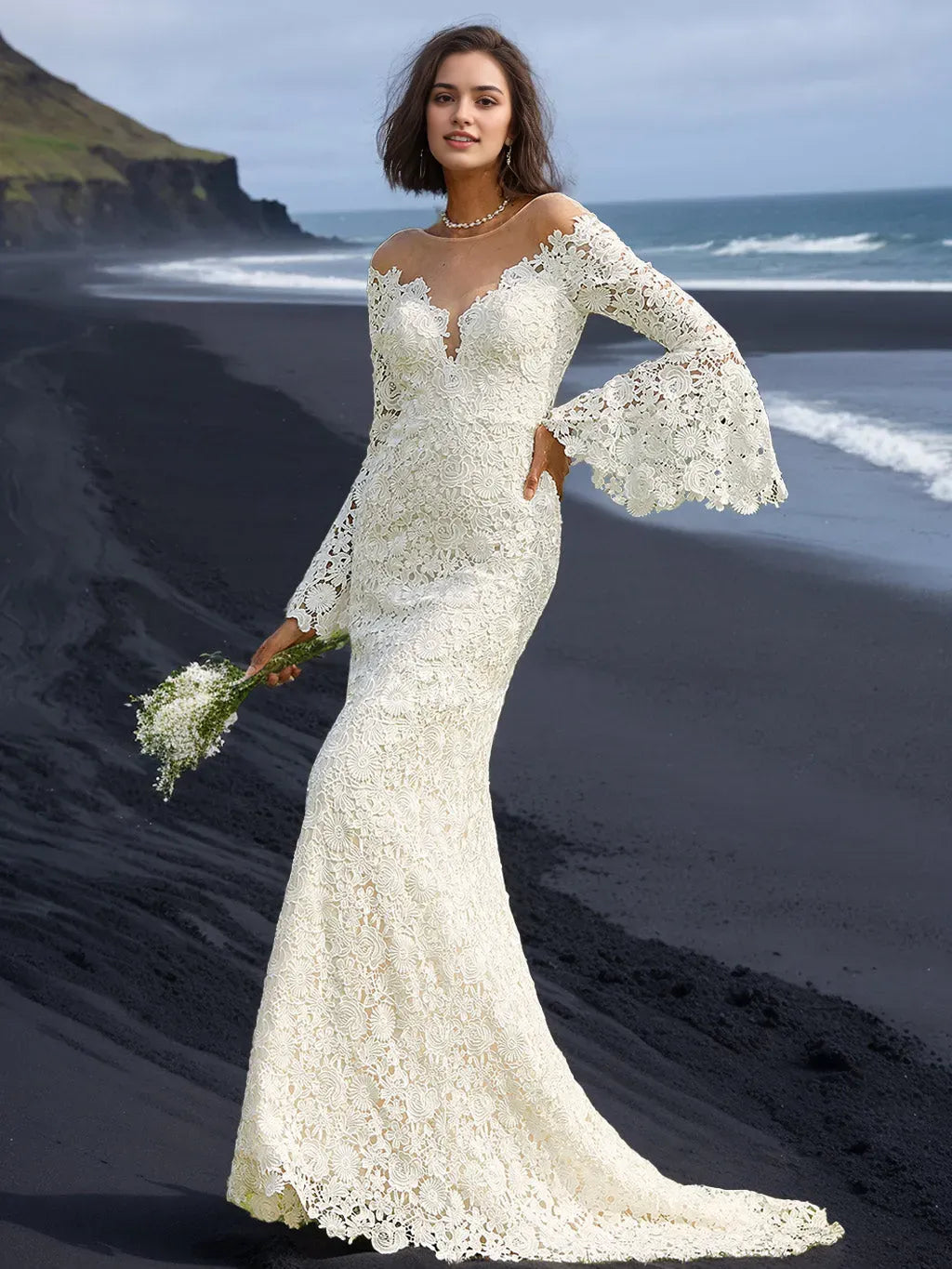 Mermaid Scoop Neck Long Sleeves Floor-length Wedding Dress with Lace Appliques