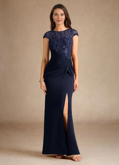 Mermaid Sequins Trendy Dark Navy Mother of the Bride Dress with Sheer Sequin  Embellished Bodice Cap Sleeves Ruched Waist and Side Slit