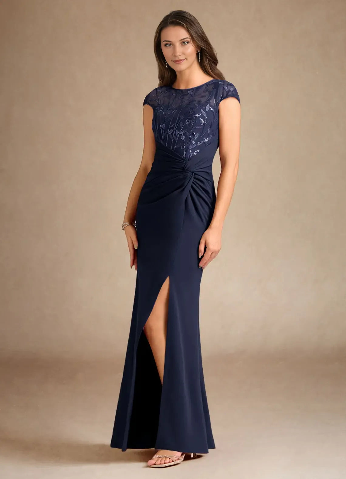 Mermaid Sequins Trendy Dark Navy Mother of the Bride Dress with Sheer Sequin  Embellished Bodice Cap Sleeves Ruched Waist and Side Slit
