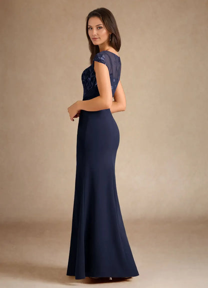 Mermaid Sequins Trendy Dark Navy Mother of the Bride Dress with Sheer Sequin  Embellished Bodice Cap Sleeves Ruched Waist and Side Slit