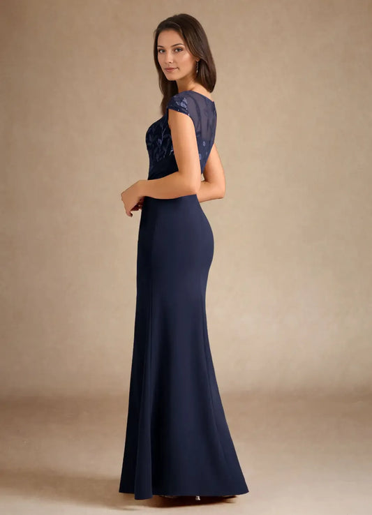 Mermaid Sequins Trendy Dark Navy Mother of the Bride Dress with Sheer Sequin  Embellished Bodice Cap Sleeves Ruched Waist and Side Slit