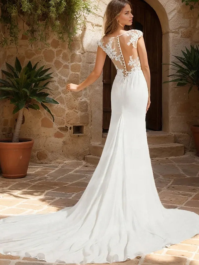 Mermaid/Small V-neck Short sleeved Palace Training Stretch Fabric Bridal Dress with Stickers