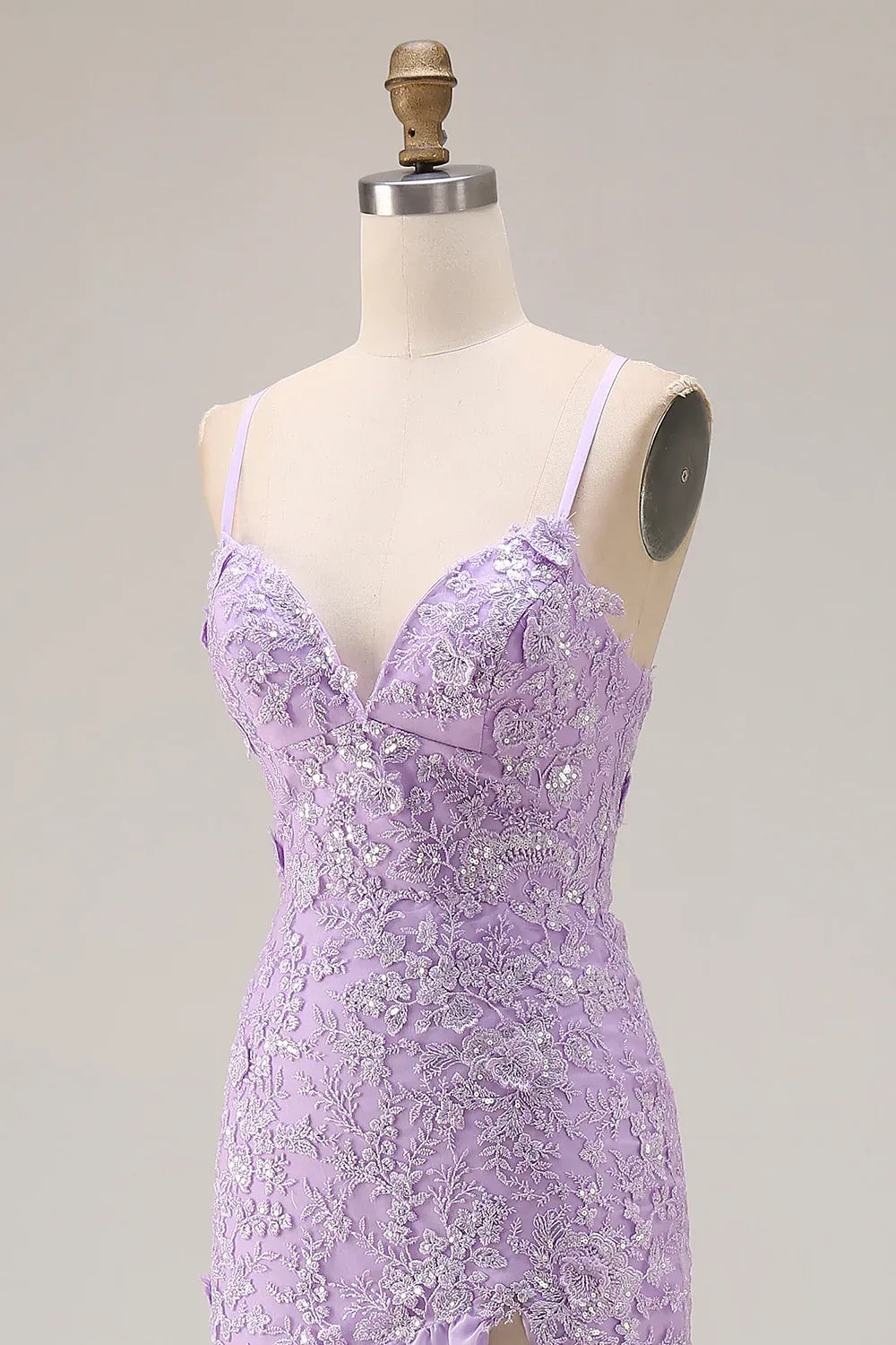 Mermaid Spaghetti Strap Appliqued Tiered Ruffle Lilac Maxi Prom Dress With Slit