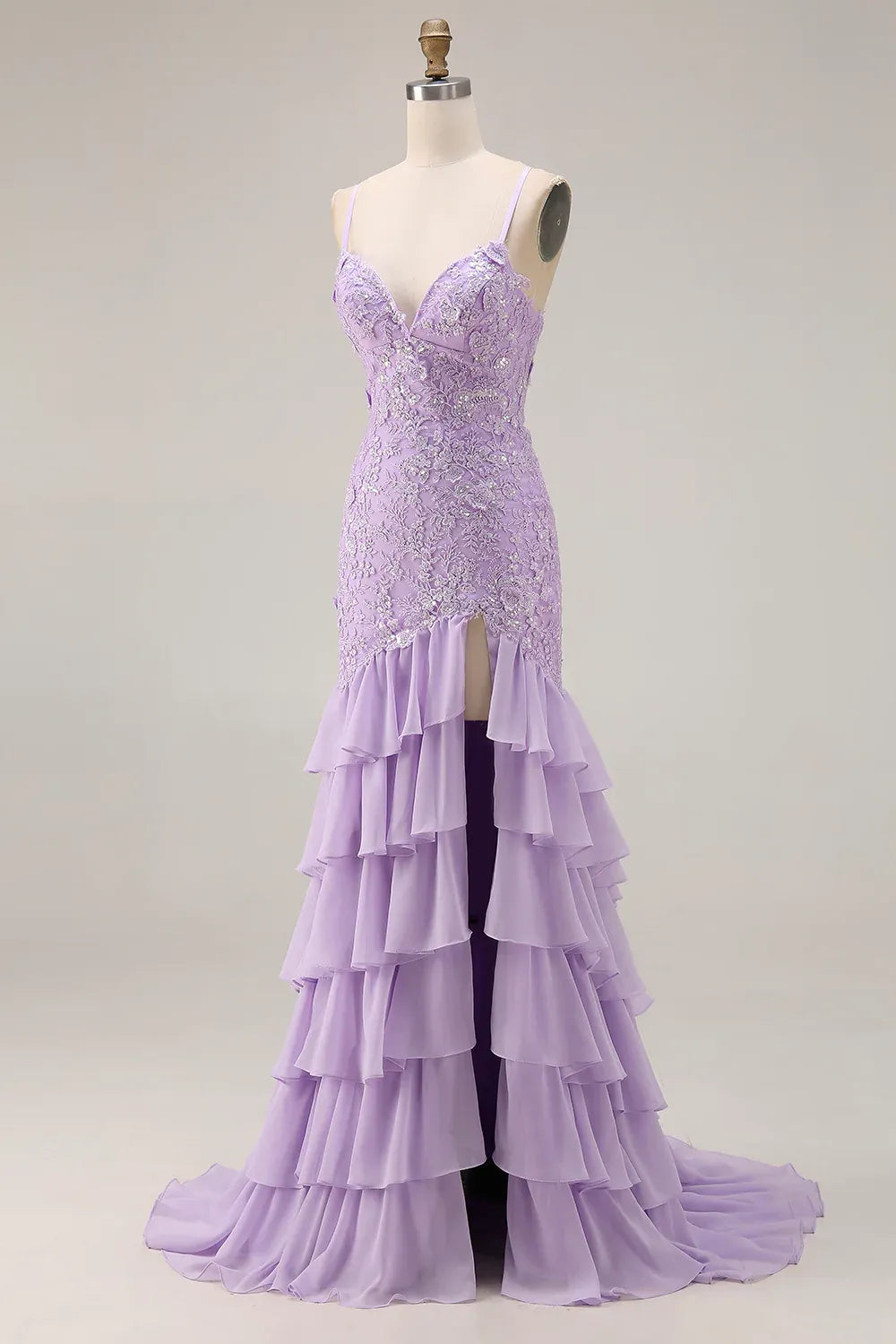 Mermaid Spaghetti Strap Appliqued Tiered Ruffle Lilac Maxi Prom Dress With Slit