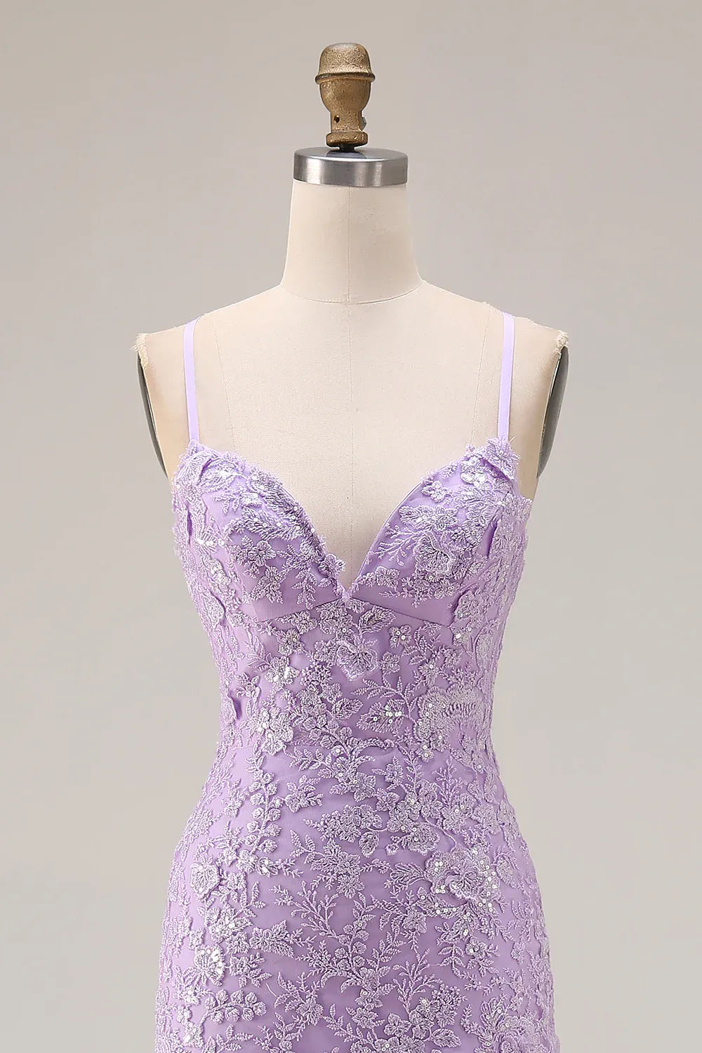 Mermaid Spaghetti Strap Appliqued Tiered Ruffle Lilac Maxi Prom Dress With Slit