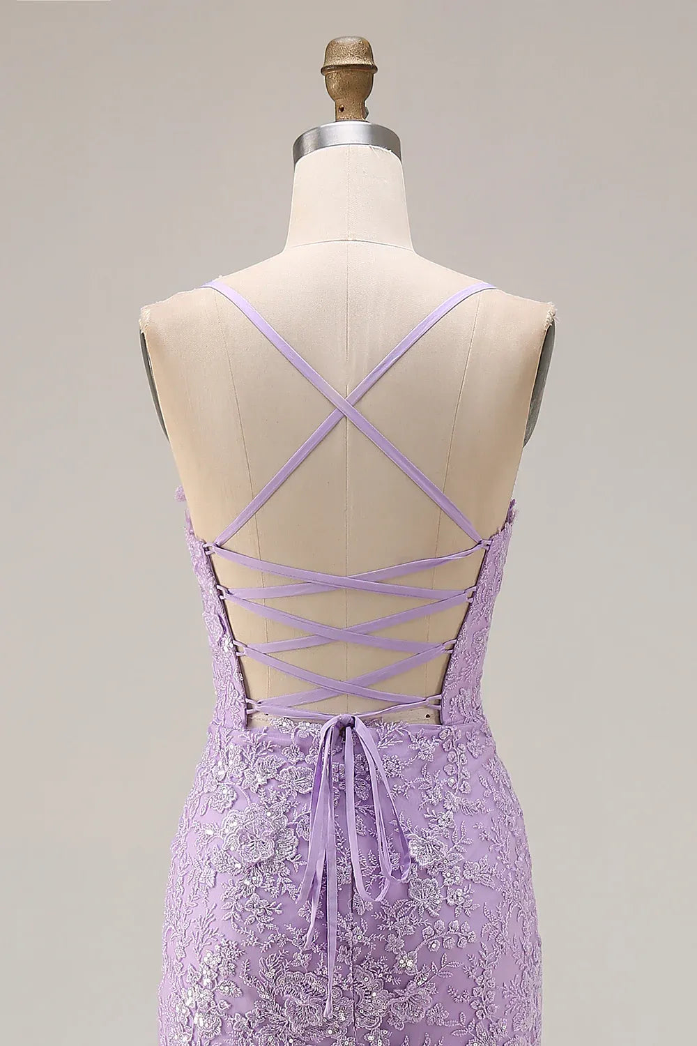 Mermaid Spaghetti Strap Appliqued Tiered Ruffle Lilac Maxi Prom Dress With Slit