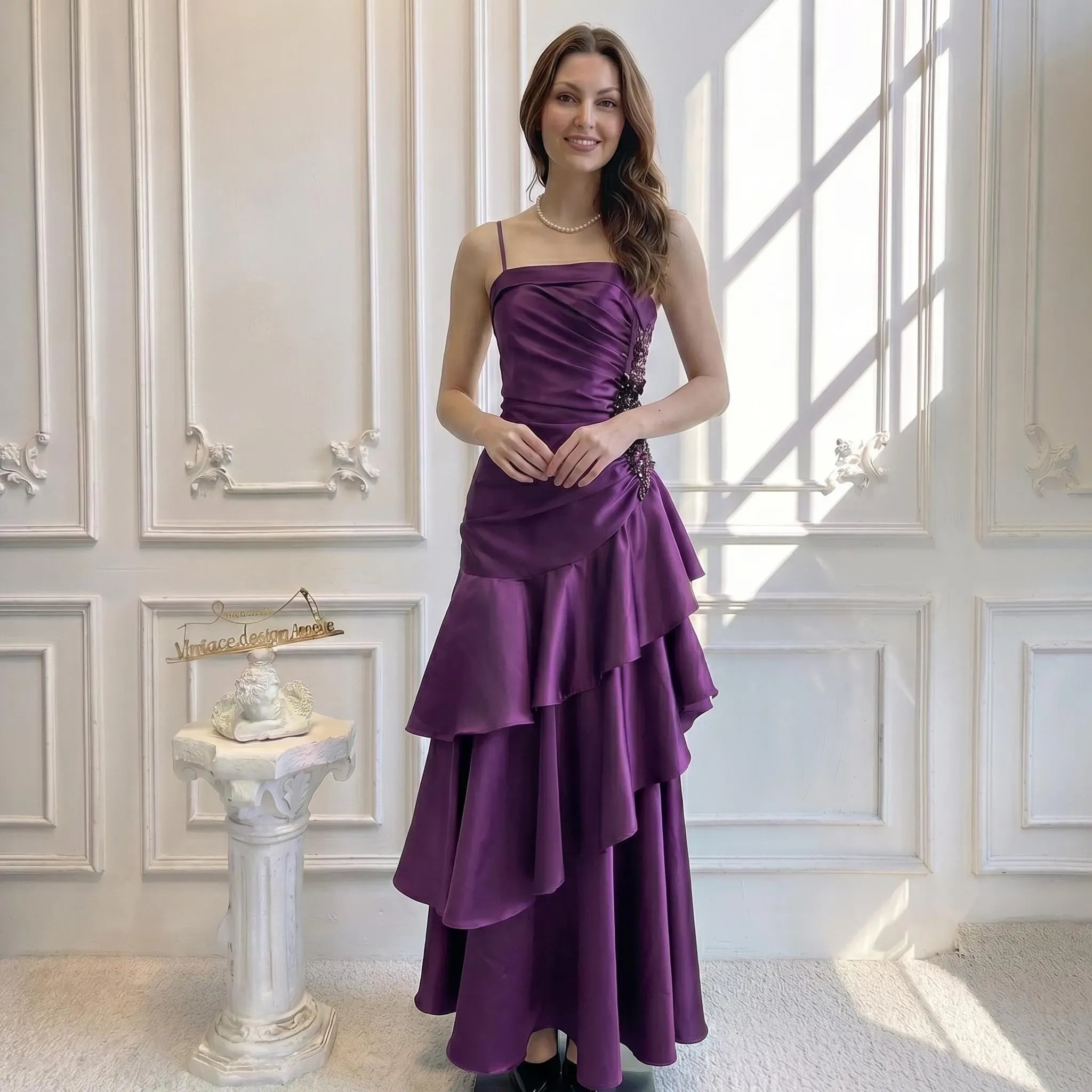 Mermaid Spaghetti Strap Beaded Applique Tiered Ruffle Satin Purple Lomg Prom Dress
