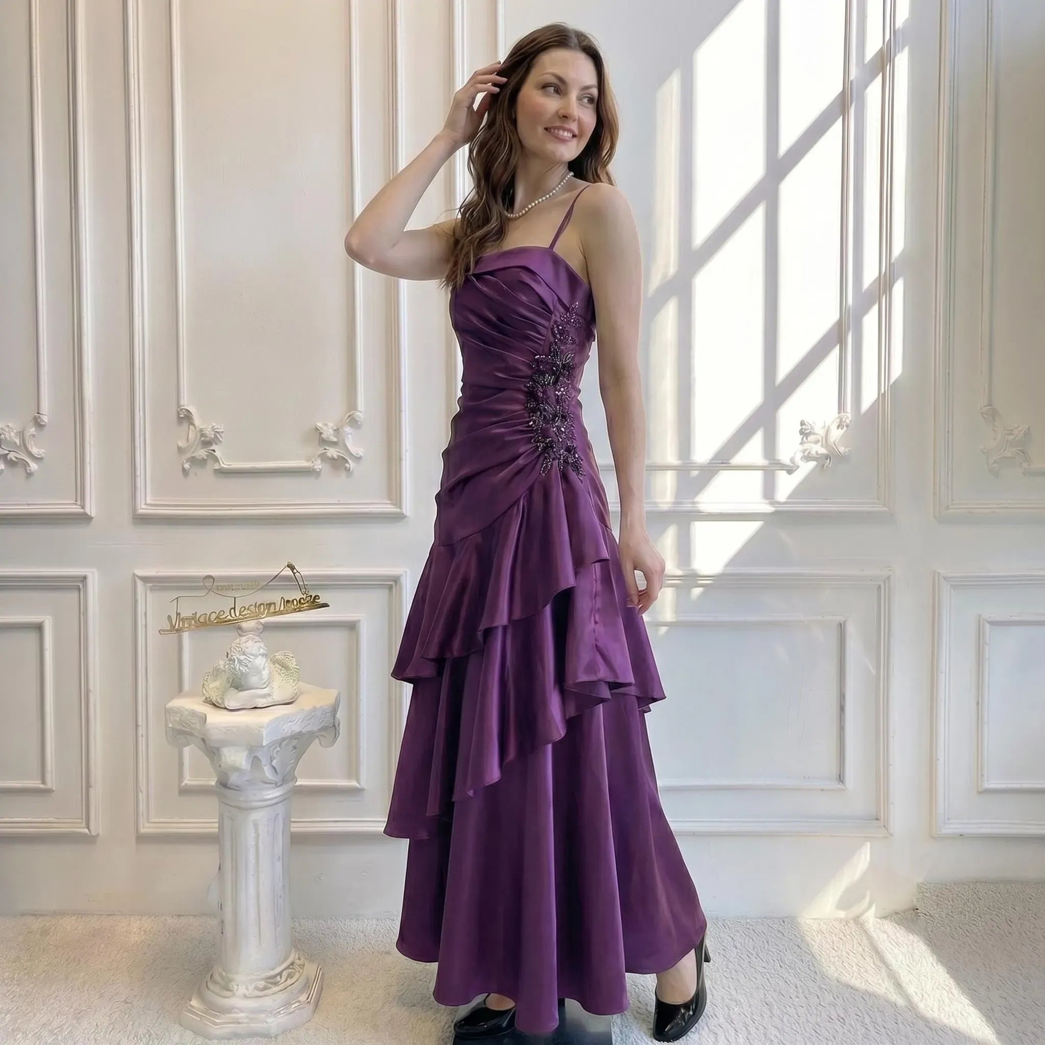 Mermaid Spaghetti Strap Beaded Applique Tiered Ruffle Satin Purple Lomg Prom Dress