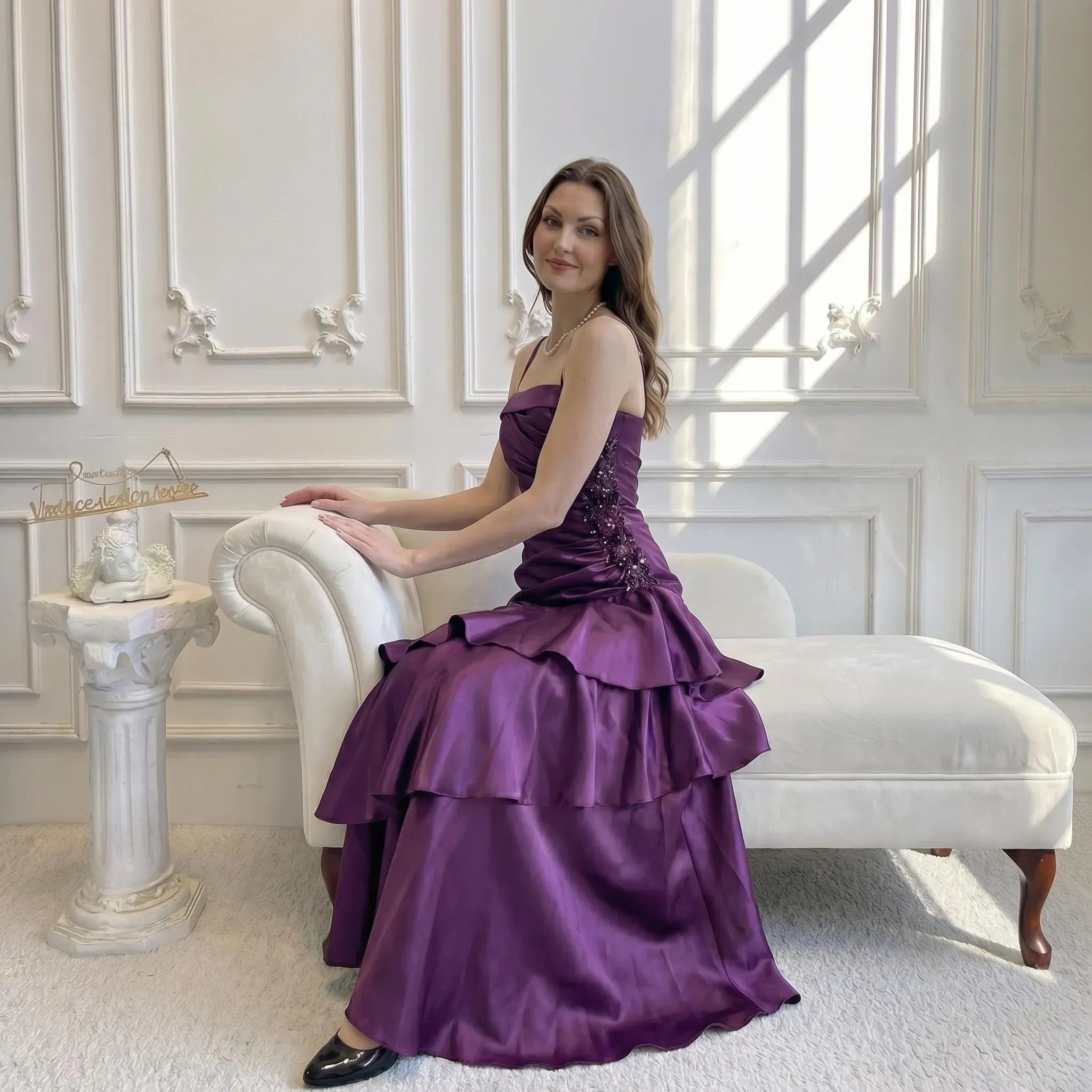 Mermaid Spaghetti Strap Beaded Applique Tiered Ruffle Satin Purple Lomg Prom Dress