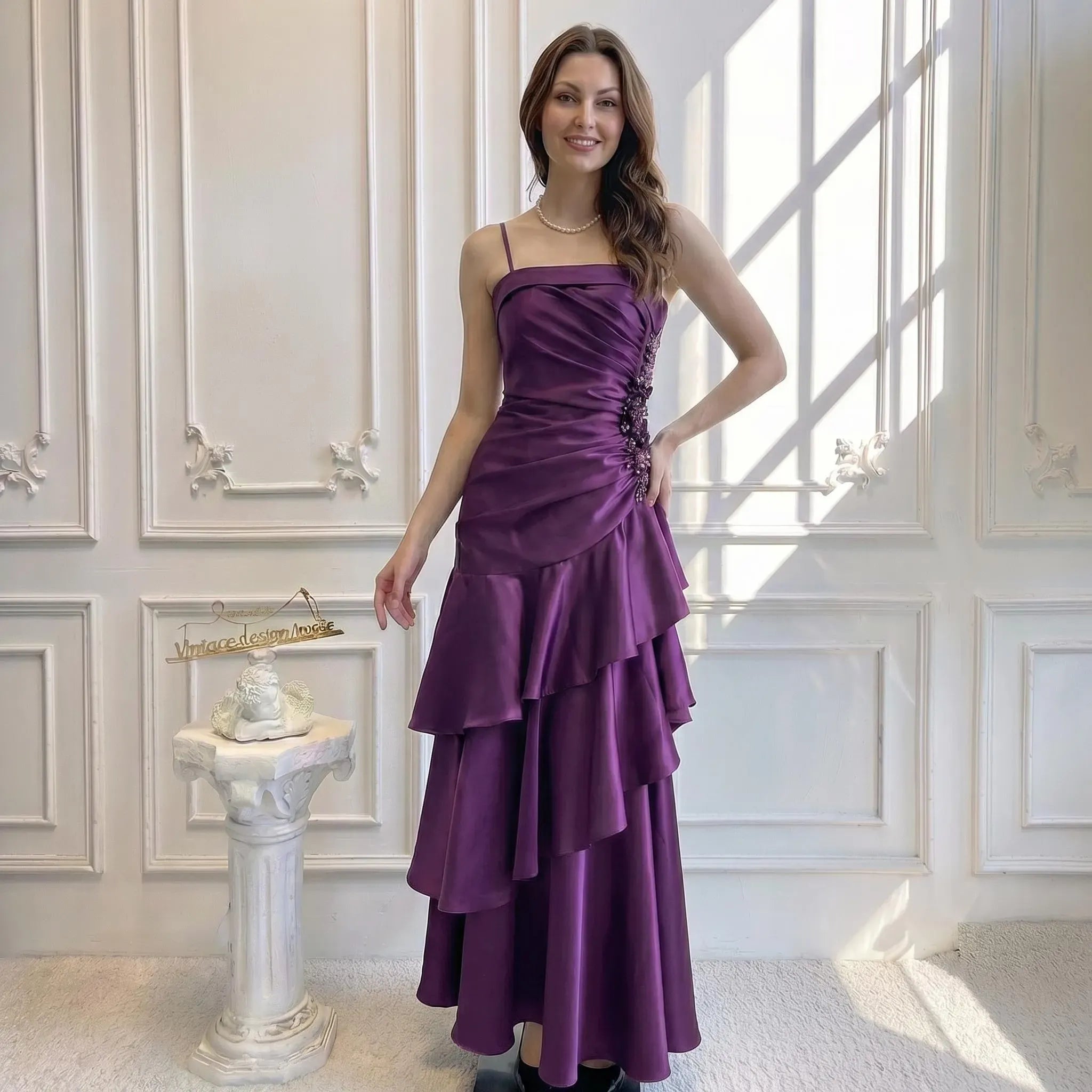 Mermaid Spaghetti Strap Beaded Applique Tiered Ruffle Satin Purple Lomg Prom Dress