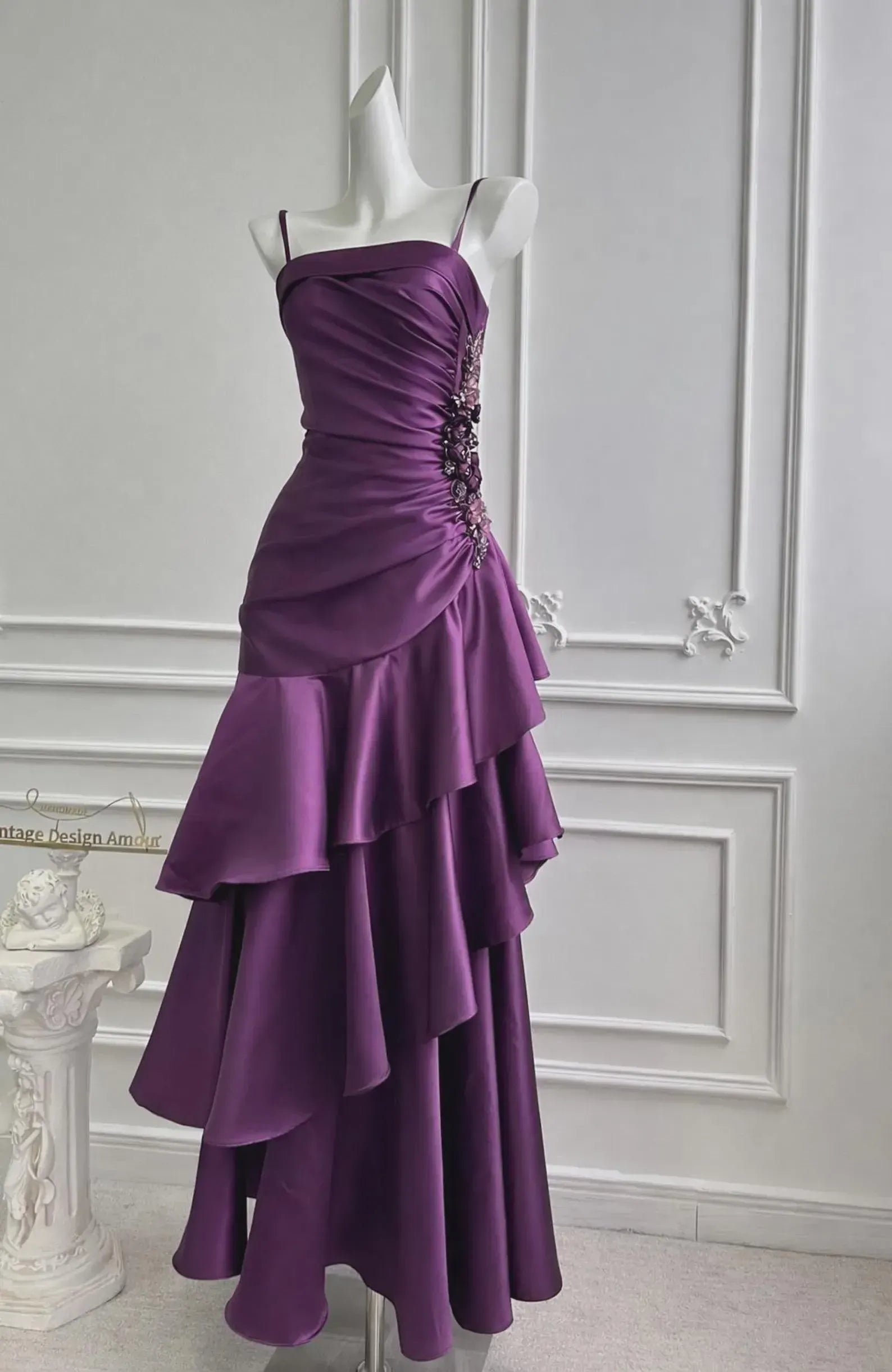 Mermaid Spaghetti Strap Beaded Applique Tiered Ruffle Satin Purple Lomg Prom Dress