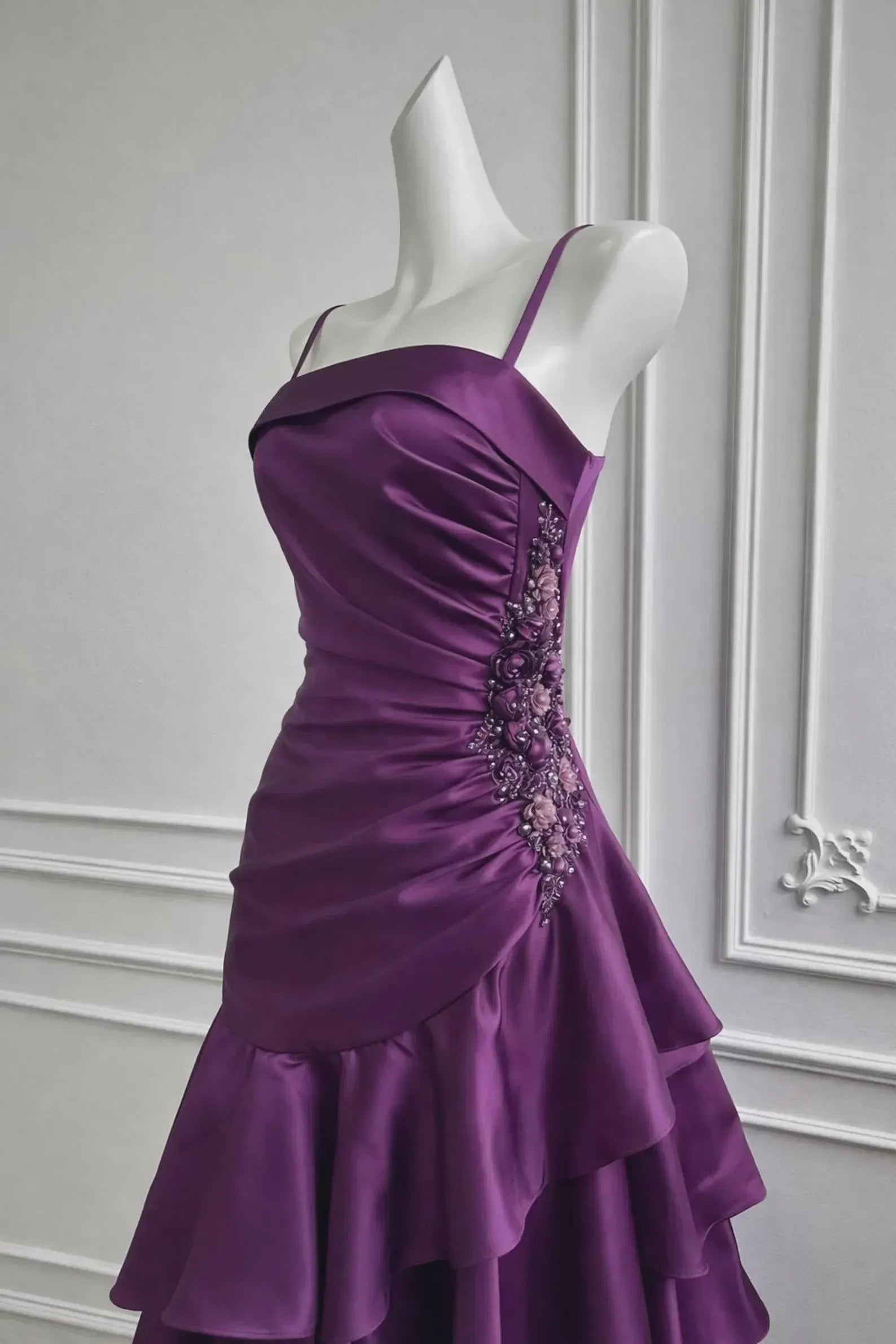 Mermaid Spaghetti Strap Beaded Applique Tiered Ruffle Satin Purple Lomg Prom Dress