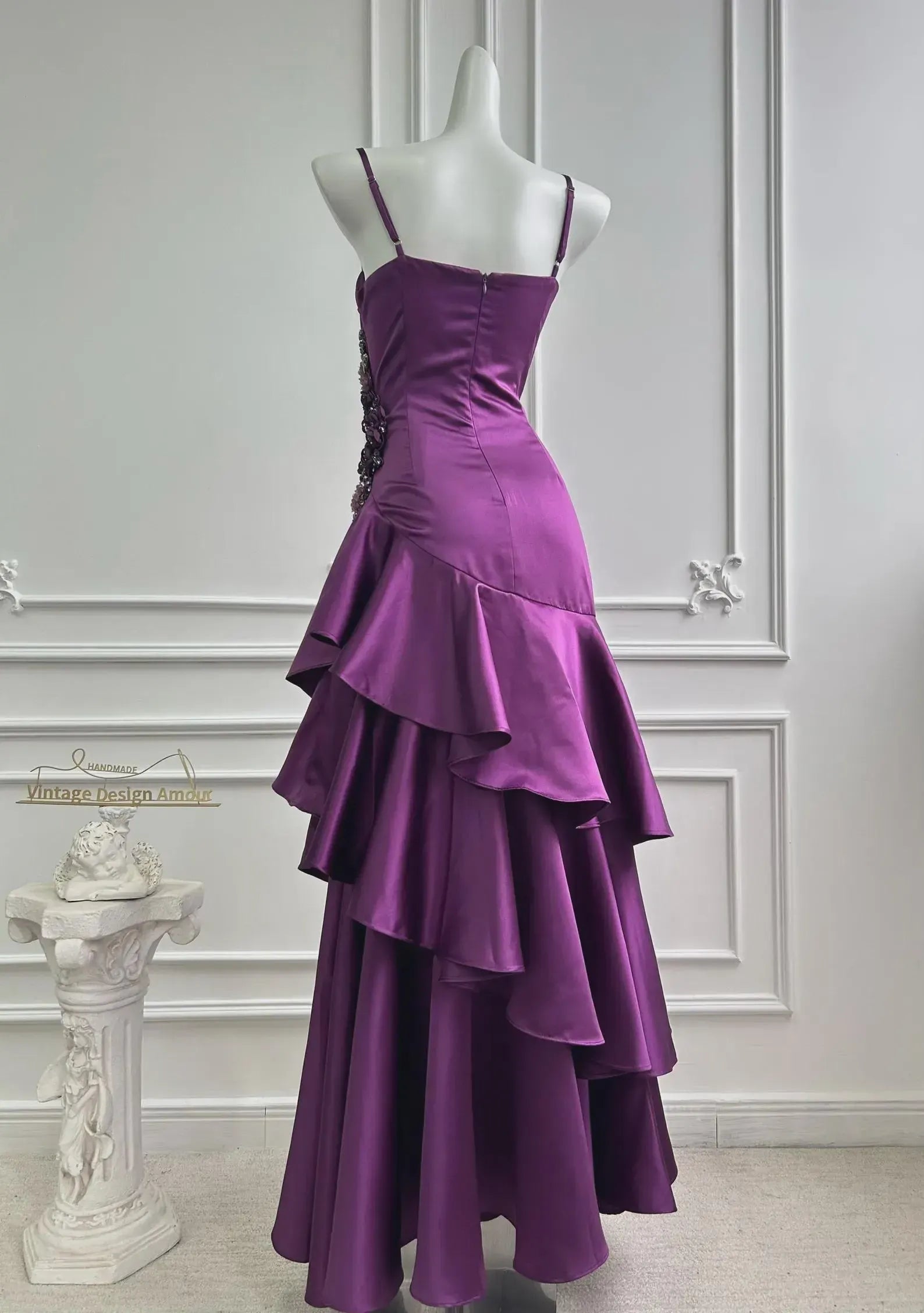 Mermaid Spaghetti Strap Beaded Applique Tiered Ruffle Satin Purple Lomg Prom Dress