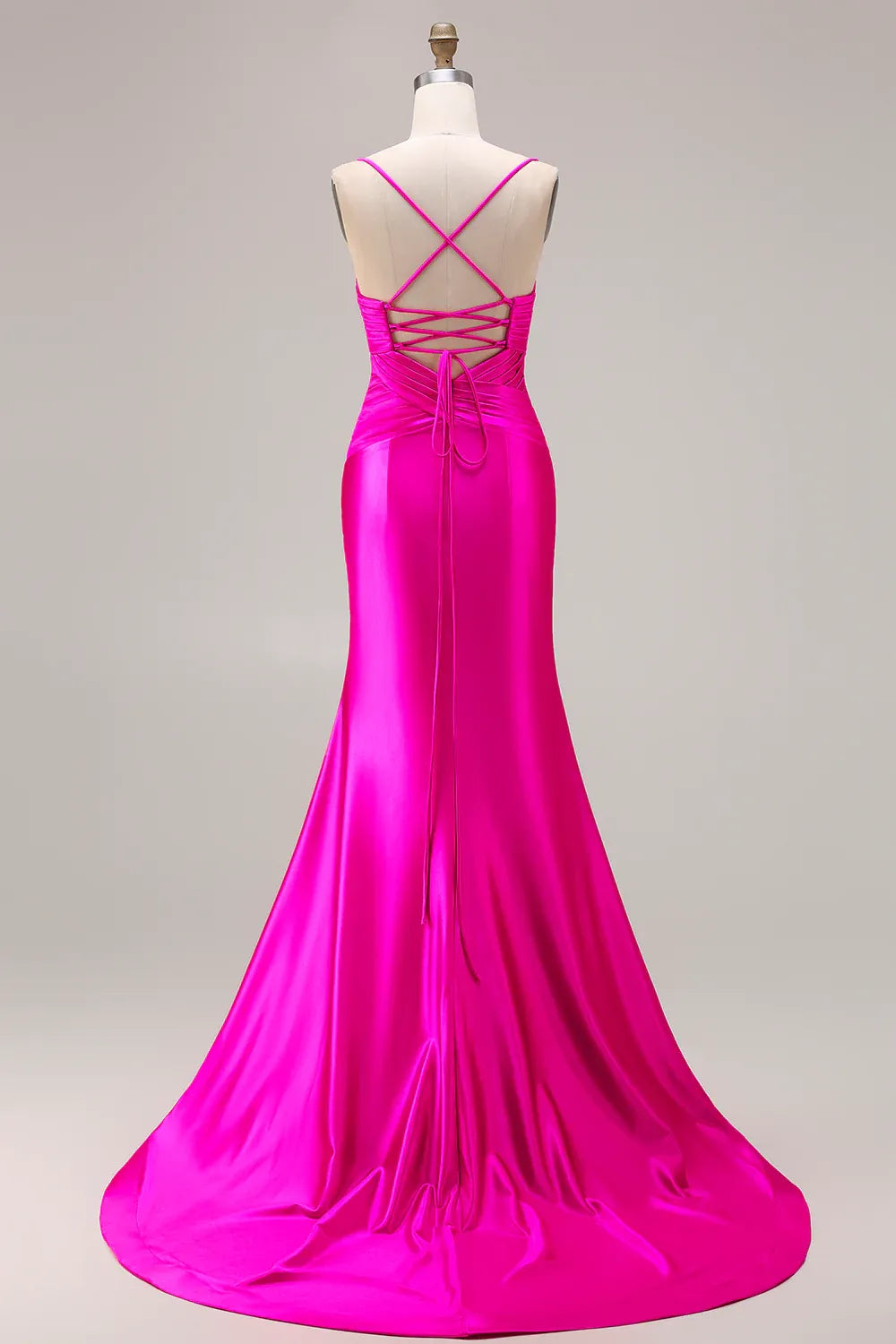 Mermaid Spaghetti Strap Bow Cut Out Ruched Satin Fuchsia Long Prom Dress