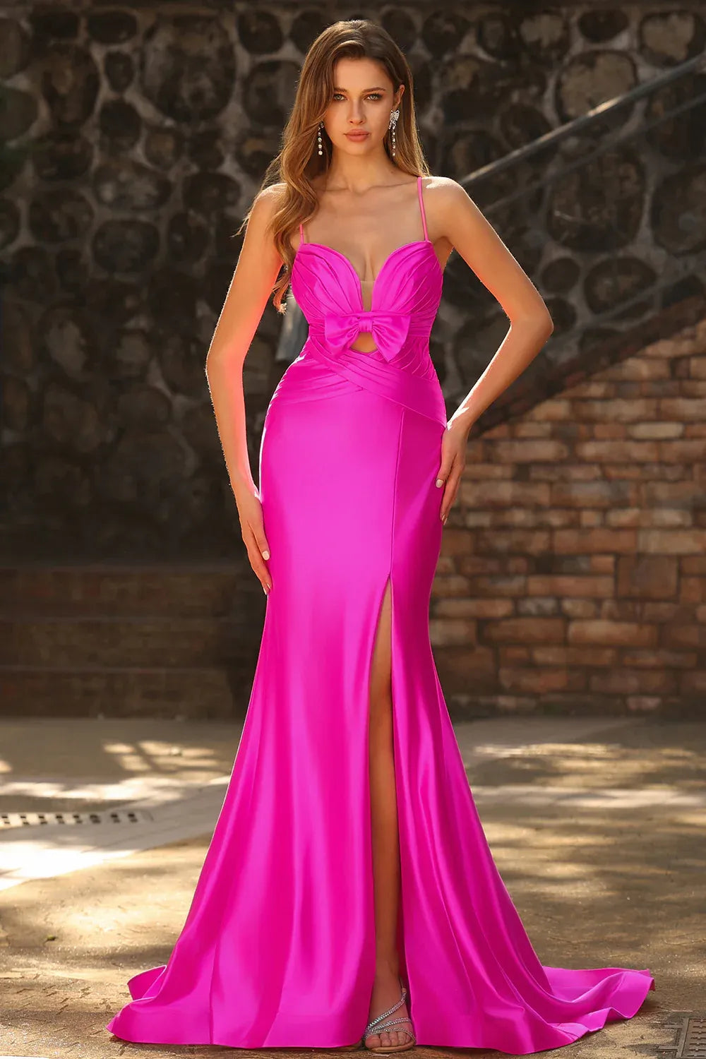Mermaid Spaghetti Strap Bow Cut Out Ruched Satin Fuchsia Long Prom Dress