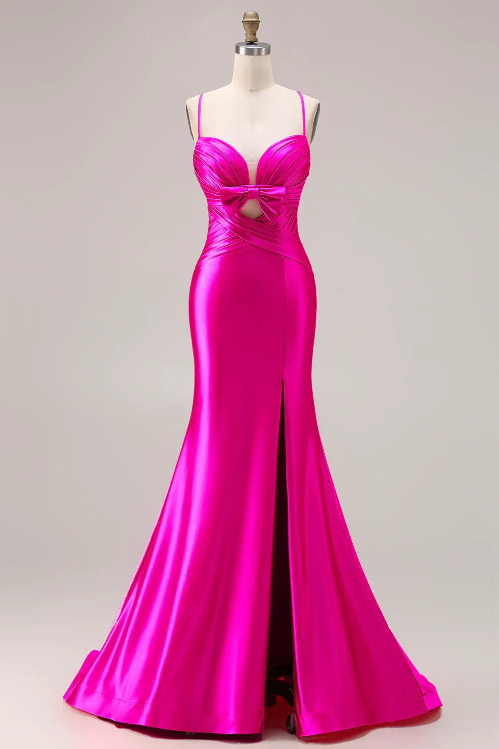 Mermaid Spaghetti Strap Bow Cut Out Ruched Satin Fuchsia Long Prom Dress
