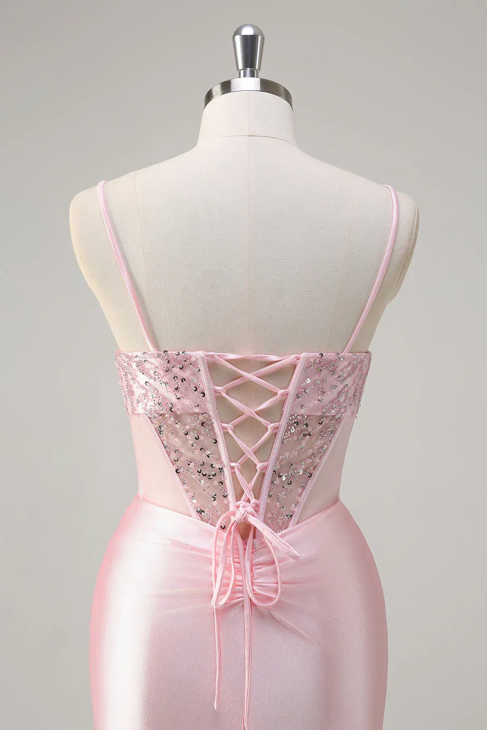 Mermaid Spaghetti Strap Corset Ruched Sequin Beaded Pink Maxi Prom Dress