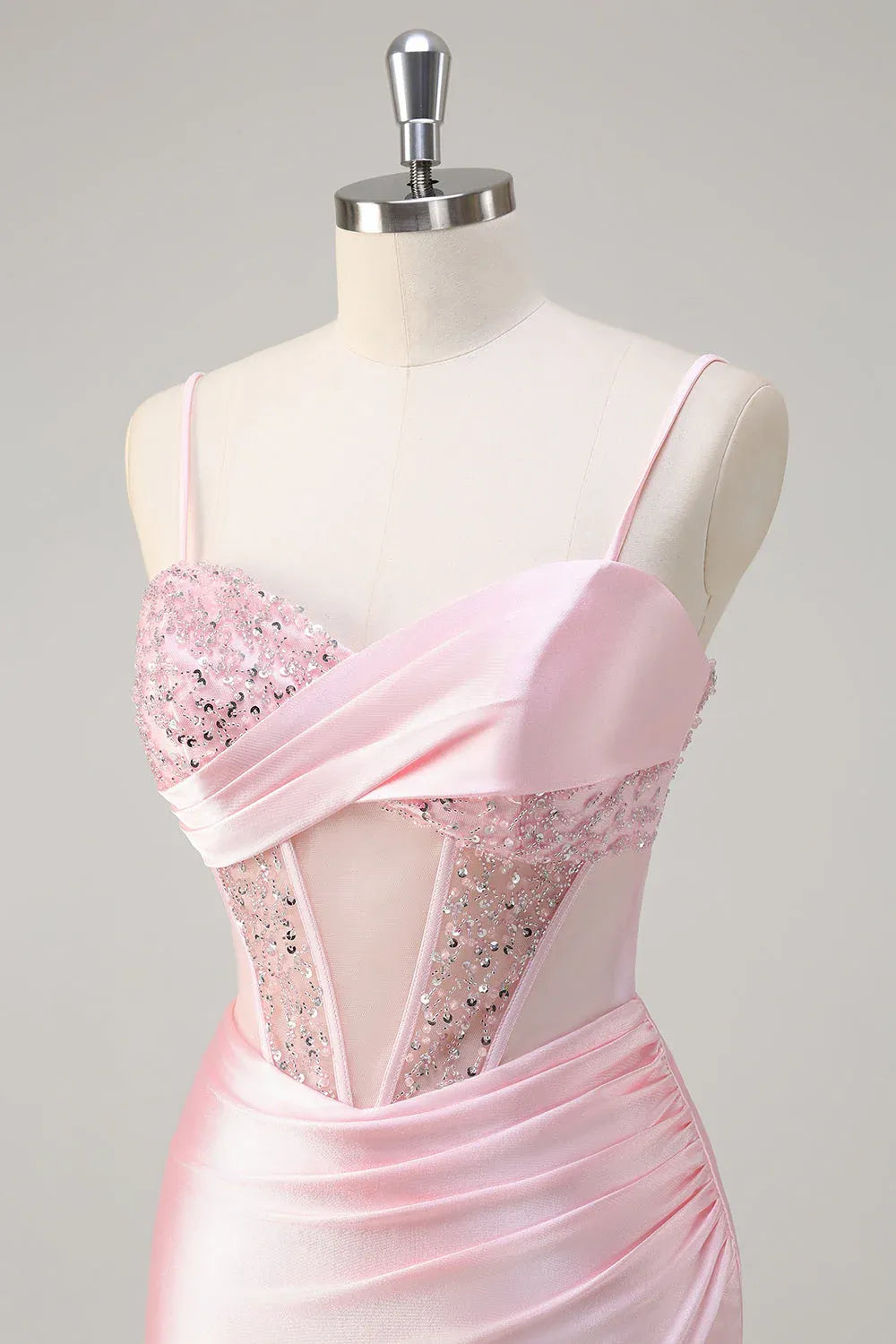 Mermaid Spaghetti Strap Corset Ruched Sequin Beaded Pink Maxi Prom Dress