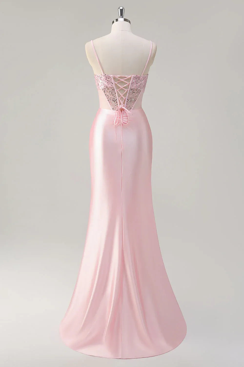 Mermaid Spaghetti Strap Corset Ruched Sequin Beaded Pink Maxi Prom Dress