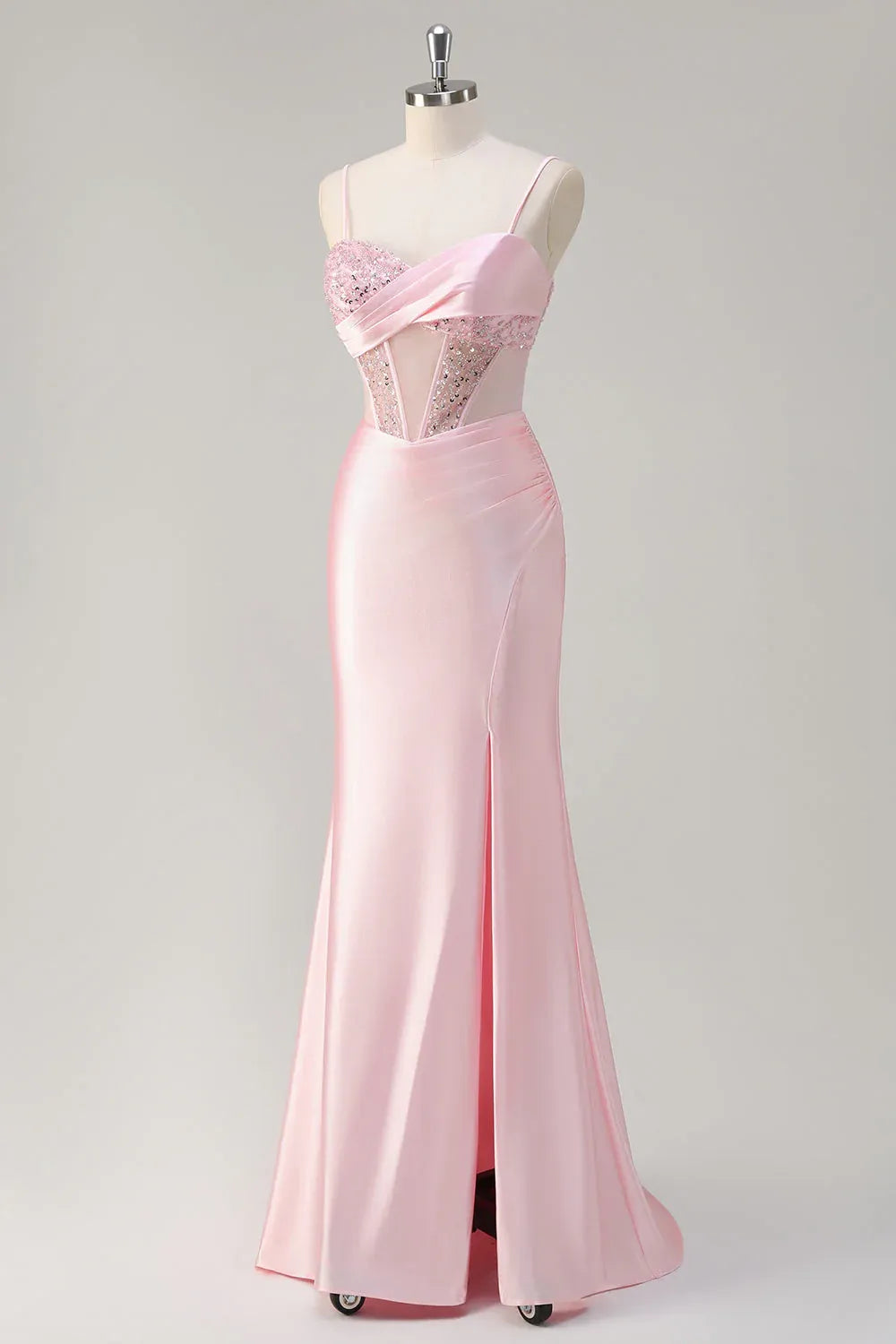Mermaid Spaghetti Strap Corset Ruched Sequin Beaded Pink Maxi Prom Dress