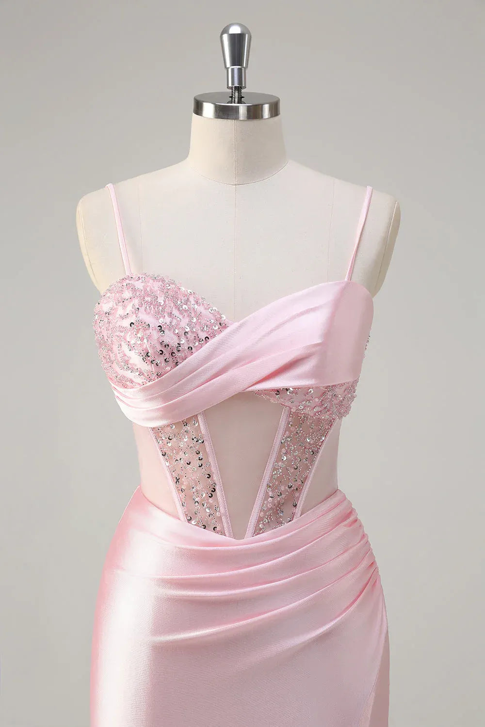 Mermaid Spaghetti Strap Corset Ruched Sequin Beaded Pink Maxi Prom Dress