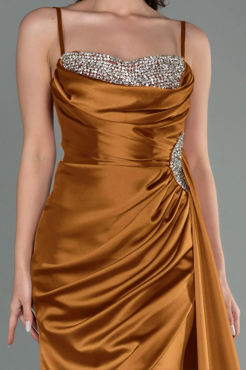Mermaid Spaghetti Strap Ruched Beaded Satin Copper Maxi Prom Dress With Slit