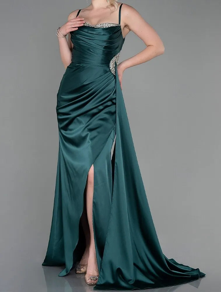 Mermaid Spaghetti Strap Ruched Beaded Satin Copper Maxi Prom Dress With Slit
