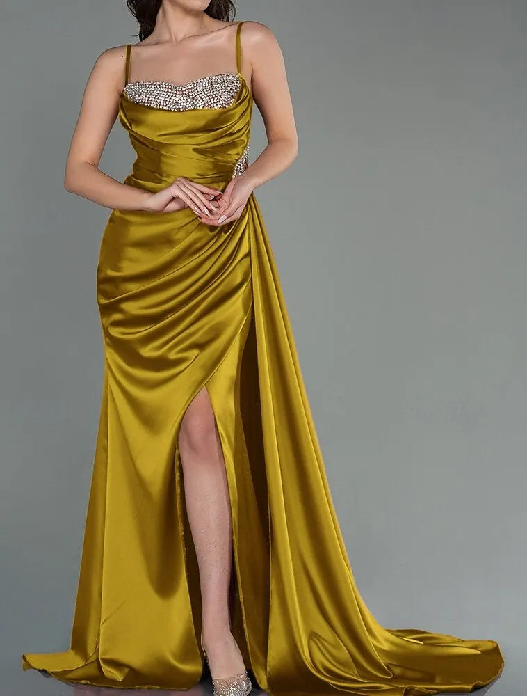 Mermaid Spaghetti Strap Ruched Beaded Satin Copper Maxi Prom Dress With Slit