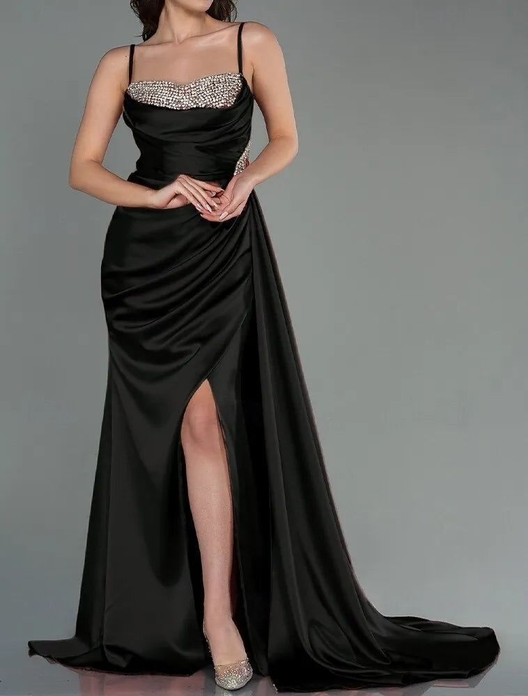 Mermaid Spaghetti Strap Ruched Beaded Satin Copper Maxi Prom Dress With Slit