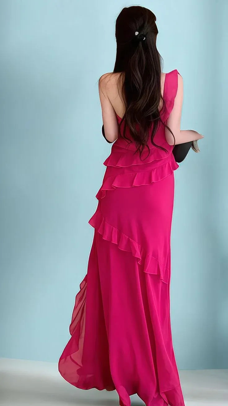 Mermaid Spaghetti Strap Ruffled Chiffon Fuchsia Floor-Length Prom Dress Hot Sale