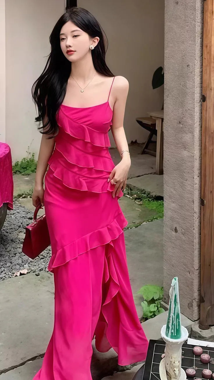 Mermaid Spaghetti Strap Ruffled Chiffon Fuchsia Floor-Length Prom Dress Hot Sale