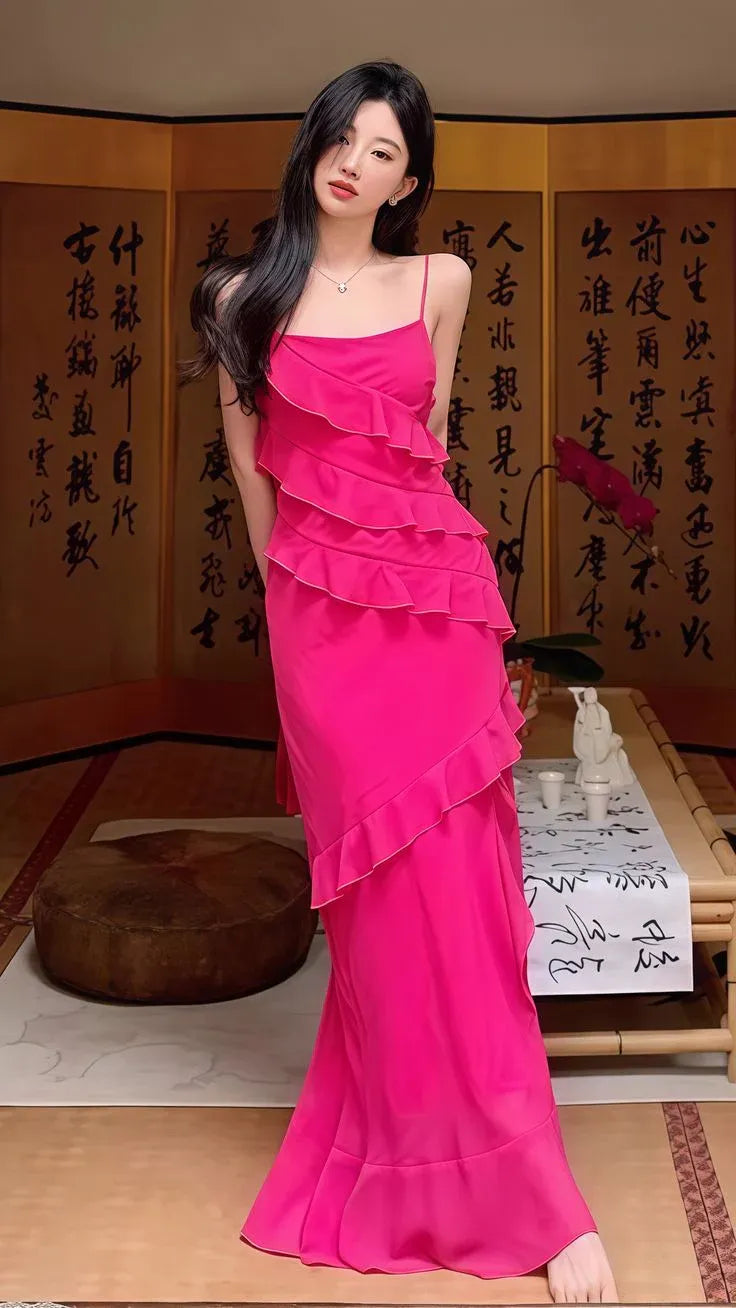 Mermaid Spaghetti Strap Ruffled Chiffon Fuchsia Floor-Length Prom Dress Hot Sale
