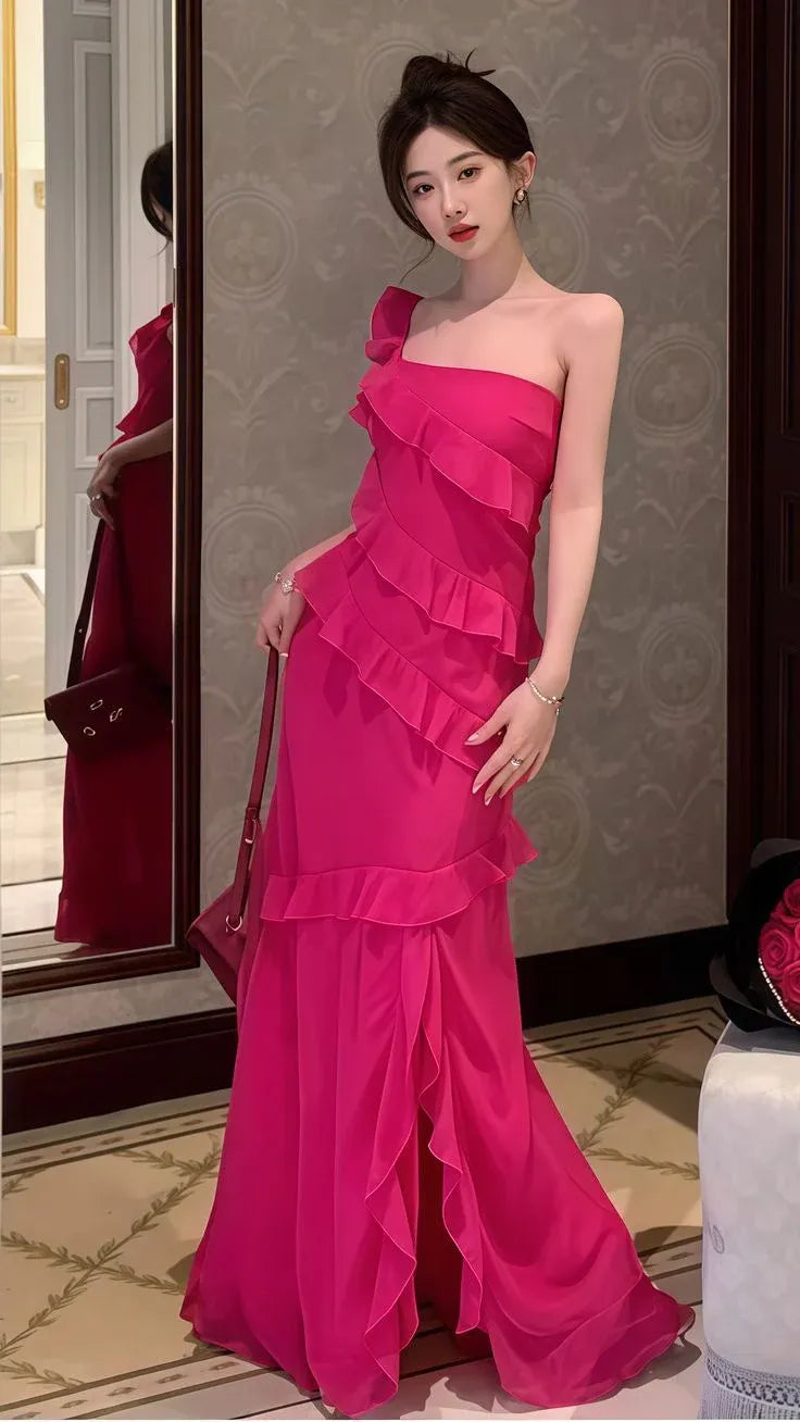 Mermaid Spaghetti Strap Ruffled Chiffon Fuchsia Floor-Length Prom Dress Hot Sale