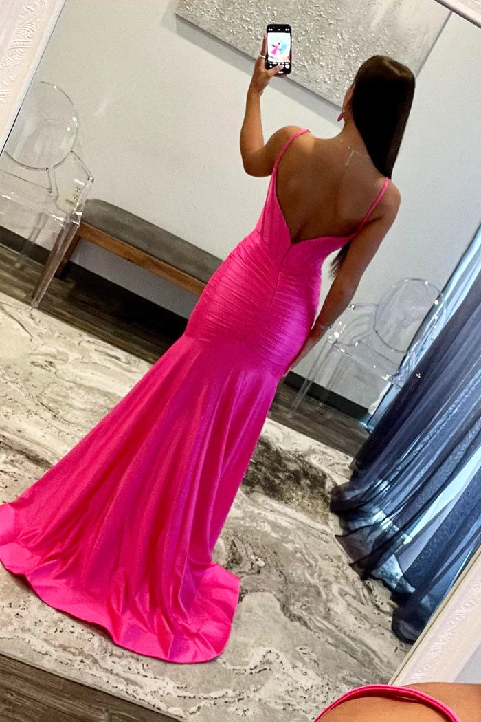 Mermaid Spaghetti Strap Satin Long Prom Dress Hot Pink Corset Evening Party Dress