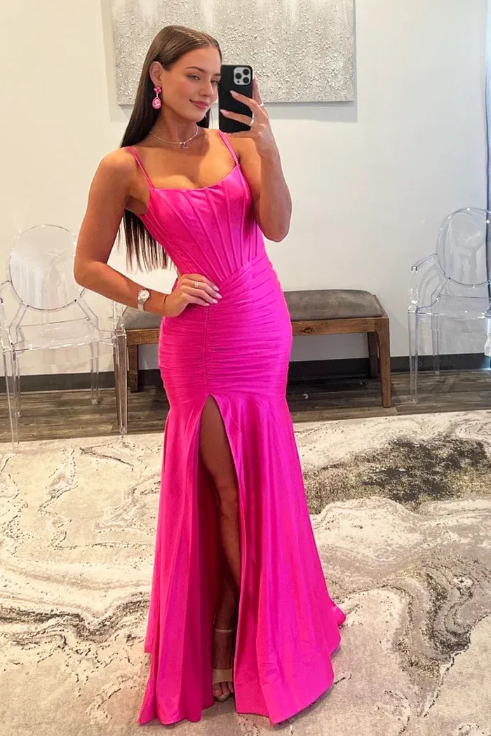 Mermaid Spaghetti Strap Satin Long Prom Dress Hot Pink Corset Evening Party Dress