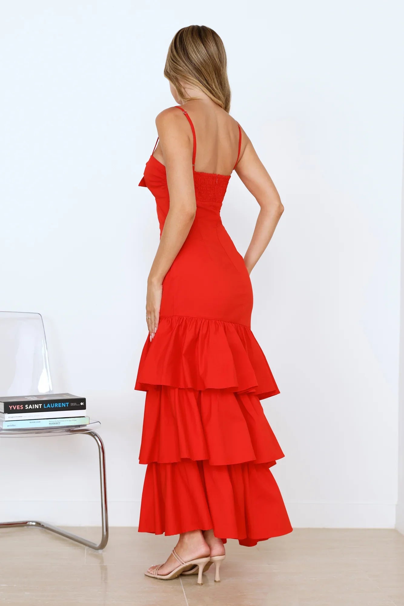 Mermaid Spaghetti Straps Keyhole Cutout Tiered Ruffle Red Maxi Prom Dress