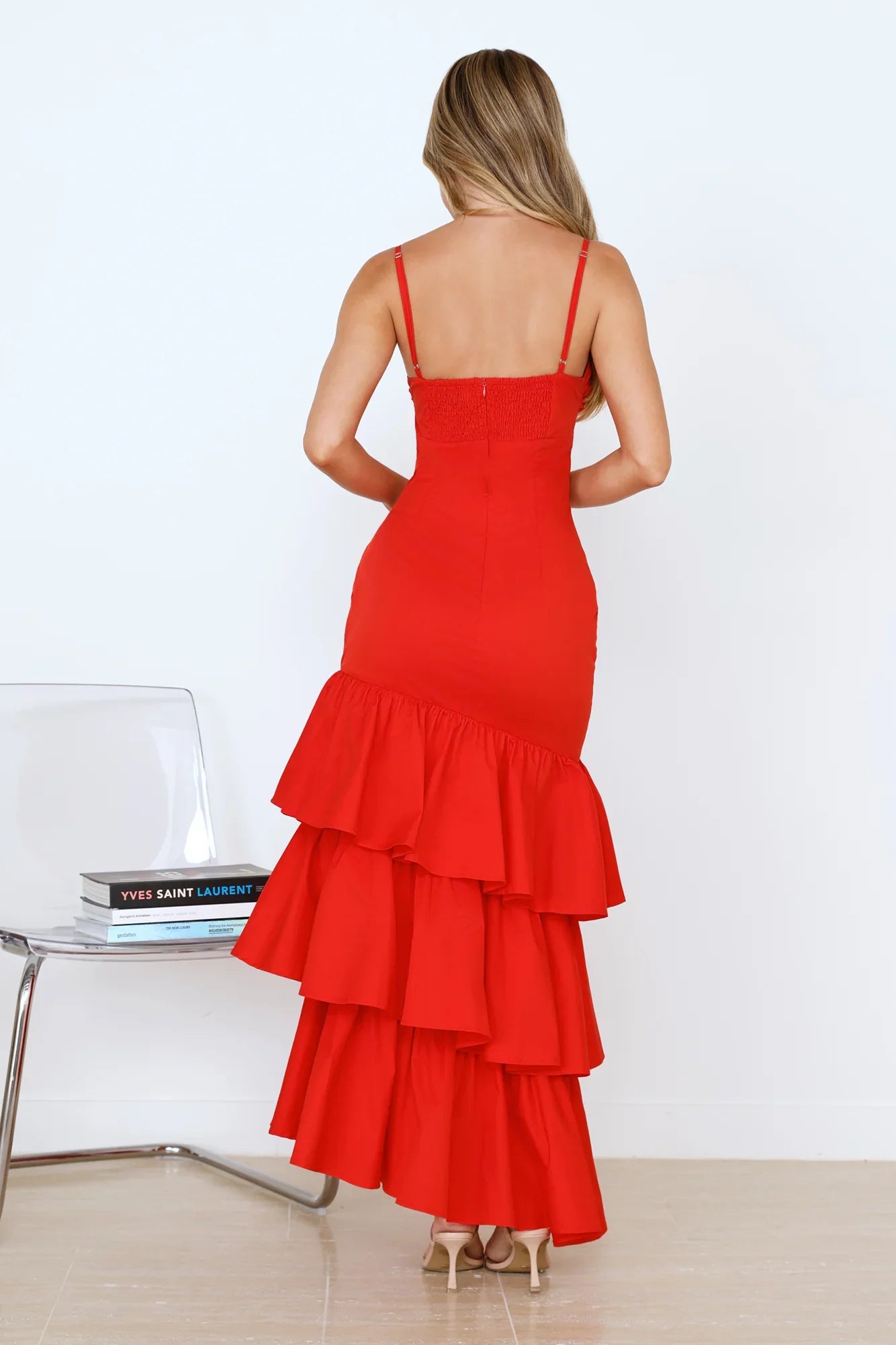 Mermaid Spaghetti Straps Keyhole Cutout Tiered Ruffle Red Maxi Prom Dress